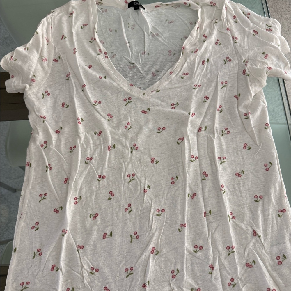 RAILS Medium White V-Neck Tee with Pink Cherry Print